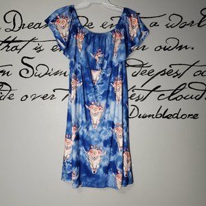 Wonderland by Orange Blue Cow Skull Off The Shoulder Dress, L